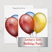 Invitation 12e Anniversaire Ballons de fête Rouge Bleu Jaune (Devant / Derrière)