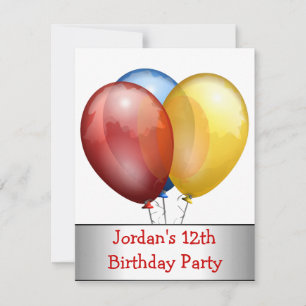 Invitation 12e Anniversaire Ballons de fête Rouge Bleu Jaune