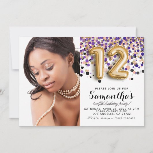 Invitation 12e anniversaire Confetti Gold Portrait (Devant)