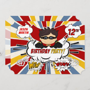 Invitation 12e anniversaire de fête garçons Superhero Red Com