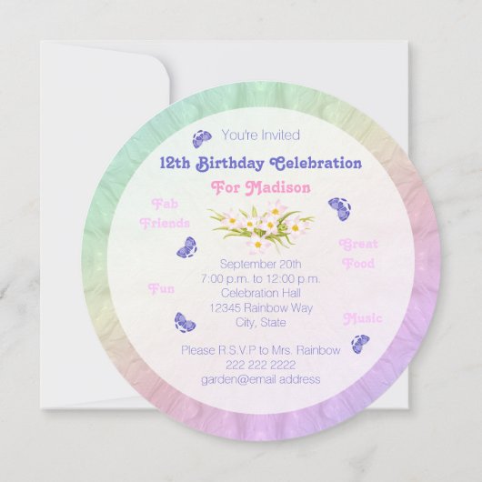 Invitation 12e anniversaire fête papillon arc-en-ciel Invitat (Dos)