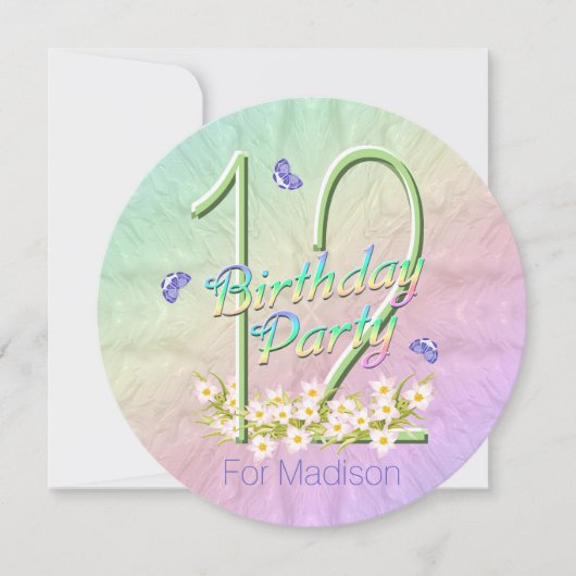 Invitation 12e anniversaire fête papillon arc-en-ciel Invitat (Devant)