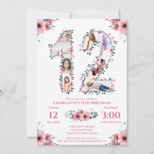 Invitation 12e anniversaire fille photo Collage rose Fleur bl (Devant)