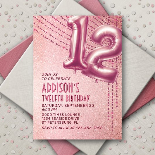 Invitation 12e anniversaire filles Rose or