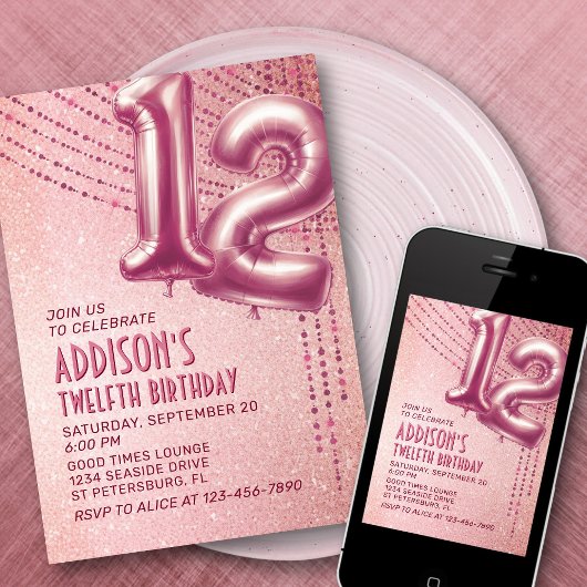 Invitation 12e anniversaire filles Rose or