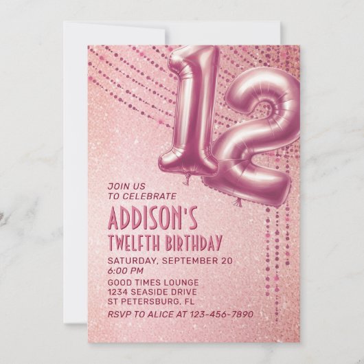 Invitation 12e anniversaire filles Rose or (Devant)