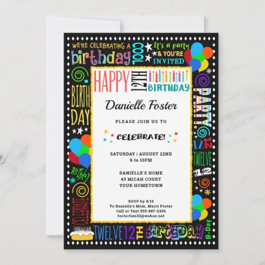 Invitation 12e anniversaire Fun Couleur Crazy Texte sur Black (Devant)