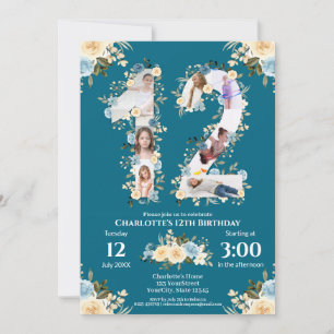 Invitation 12e anniversaire Photo Collage Turquoise Fleur Jau