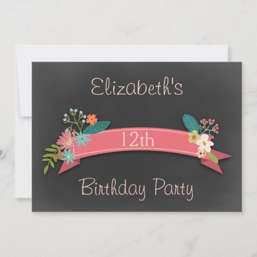 Invitation 12e anniversaire Pink Banner Flowers Chalkboard (Devant)
