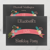 Invitation 12e anniversaire Pink Banner Flowers Chalkboard (Devant / Derrière)
