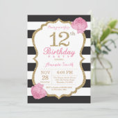 Invitation 12e anniversaire Pink Black Gold Floral (Debout devant)