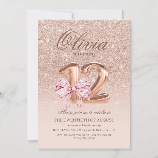 Invitation 12e anniversaire Rose rose or Bow fête d'anniversa (Devant)