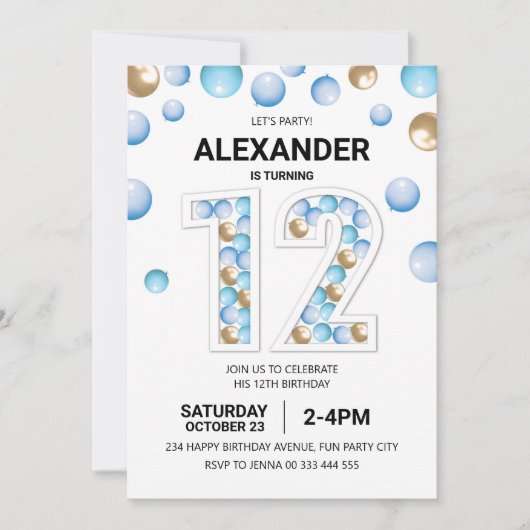 Invitation 12e fête d'anniversaire, Bleu et Ballons d'or (Devant)