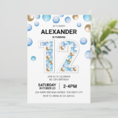 Invitation 12e fête d'anniversaire, Bleu et Ballons d'or (Debout devant)