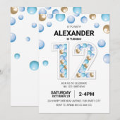 Invitation 12e fête d'anniversaire, Bleu et Ballons d'or (Devant / Derrière)