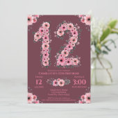 Invitation 12e grand anniversaire fille Fleurs roses Fleurs v (Debout devant)