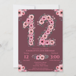 Invitation 12e grand anniversaire fille Fleurs roses Fleurs v