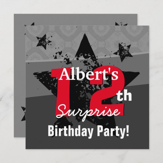 Invitation 12e TWEEN Surprise Birthday Charcoal Grunge C12 (Devant / Derrière)