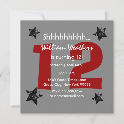 Invitation 12e TWEEN Surprise Birthday Charcoal Grunge C12 (Dos)