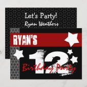 Invitation 12ème Anniversaire moderne pour lui noir blanc (Devant / Derrière)