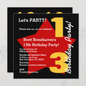 Invitation 13e Ado Anniversaire moderne Black Red Gold Star B (Devant / Derrière)