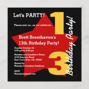 Invitation 13e Ado Anniversaire moderne Black Red Gold Star B