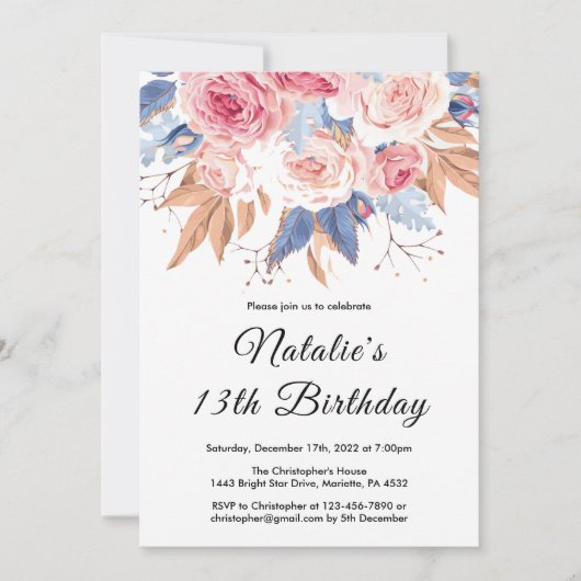 Invitation 13e anniversaire Aquarelle Botanique Fleurs floral (Devant)