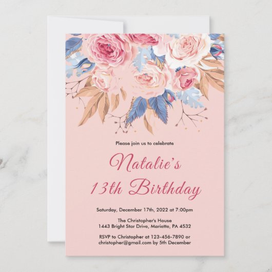 Invitation 13e anniversaire Aquarelle Botanique Rose Floral (Devant)