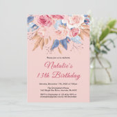 Invitation 13e anniversaire Aquarelle Botanique Rose Floral (Debout devant)