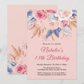 Invitation 13e anniversaire Aquarelle Botanique Rose Floral (Devant / Derrière)