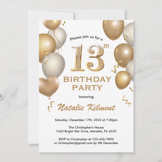 Invitation 13e anniversaire Ballons de Parties scintillant bl (Devant)