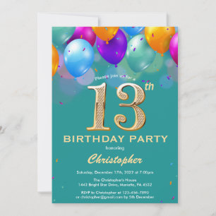 Invitation 13e anniversaire Ballons Turquoises et dorés