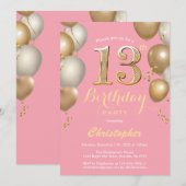 Invitation 13e anniversaire Balloons rose et or Confetti (Devant / Derrière)