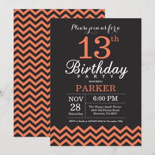 Invitation 13e anniversaire Black et Coral Chevron (Devant / Derrière)