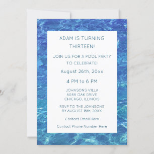 Invitation 13e anniversaire Blue Pool Party Motifs d'eau Cool