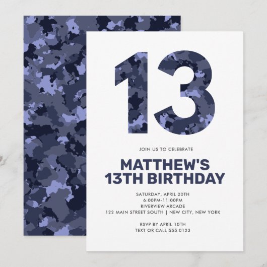 Invitation 13E Anniversaire, Camo Bleu Ado personnalisé (Devant / Derrière)