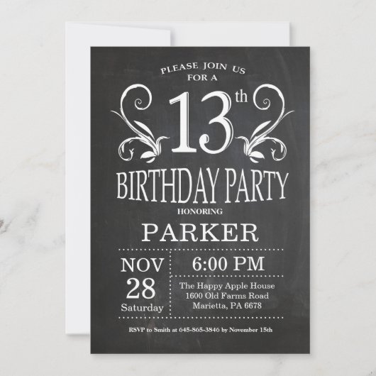 Invitation 13e anniversaire Chalkboard Floral (Devant)