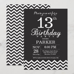 Invitation 13e anniversaire Chevron noir et blanc