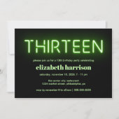 Invitation 13e anniversaire de fête Green Neon Lumières (Devant)