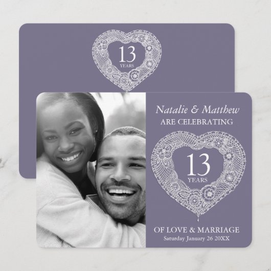 Invitation 13e anniversaire de mariage dentelle gris blanc (Devant / Derrière)