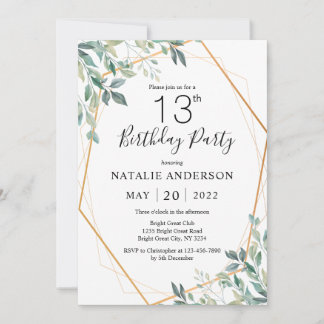 Invitation 13e anniversaire Elégant Eucalyptus Verdure et Or