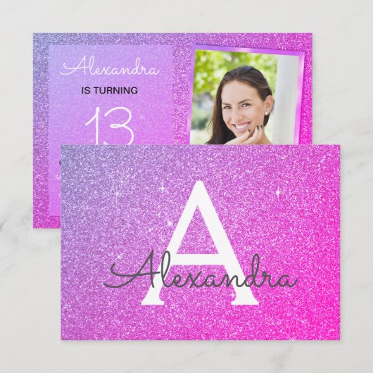Invitation 13e anniversaire étincelle rose violet photo (Devant / Derrière)