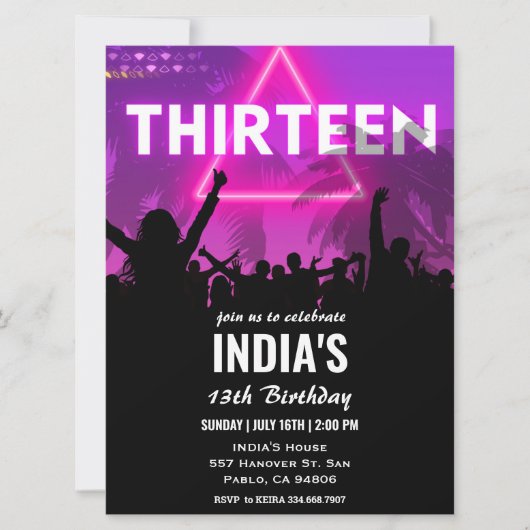 Invitation 13e anniversaire fête Pink Neon (Devant)