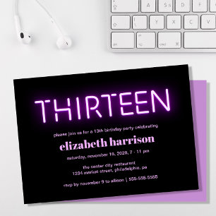 Invitation 13e anniversaire fête Purple Neon Lumières