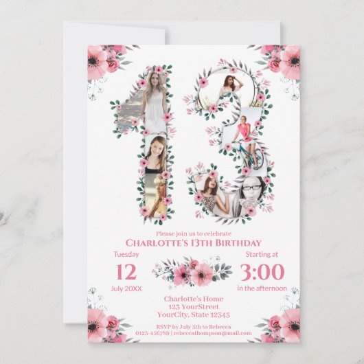 Invitation 13e anniversaire fille photo collage rose Fleur bl (Devant)