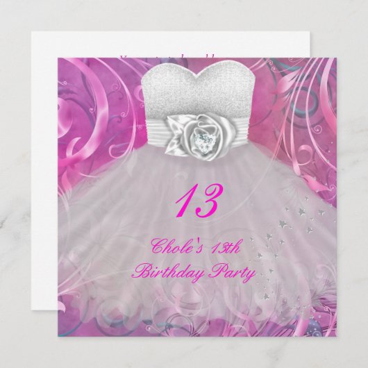 Invitation 13e anniversaire Filles 13 Ado (Devant / Derrière)