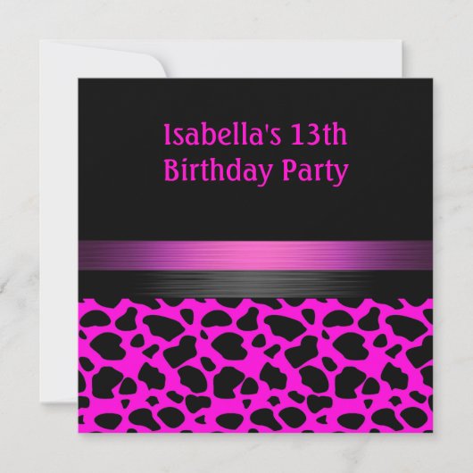 Invitation 13e anniversaire Fuschia Motif animal rose noir (Devant)