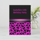 Invitation 13e anniversaire Fuschia Motif animal rose noir (Debout devant)