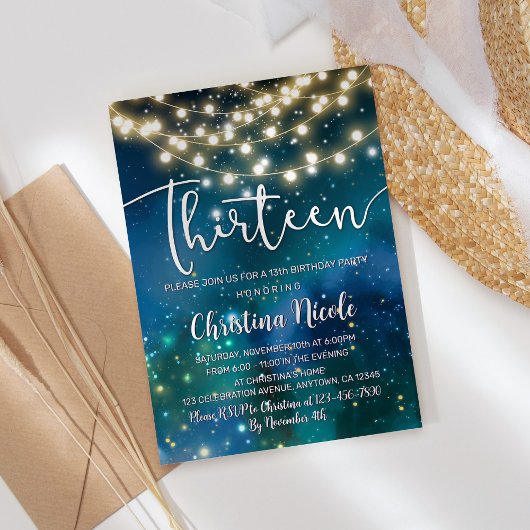 Invitation 13e anniversaire Galaxie Turquoise Bleu Vert