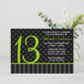 Invitation 13e Anniversaire Lime Vert Polka Noir rayures (Debout devant)